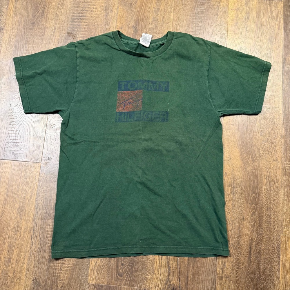 Vintage 90s Y2K Green Faded out Tommy Hilfiger Mens's T-Shirt Size Large